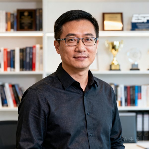 V体育创始人兼CEO张明远，40岁，前ESPN亚洲区技术负责人，戴眼镜穿深色衬衫，背景为办公室书架